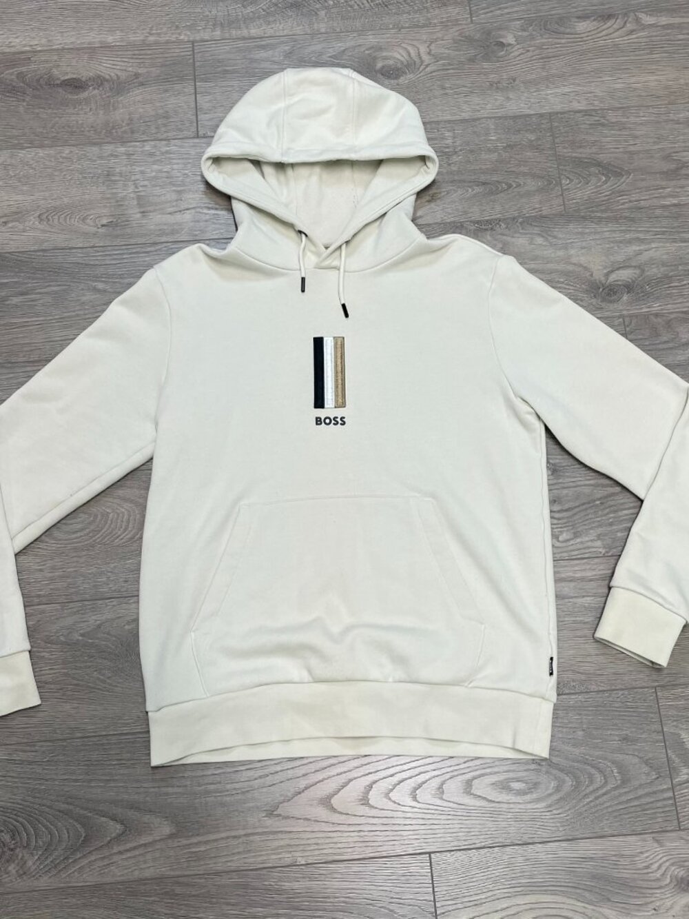 Hugo Boss Tan Cream Hoodie Mens Size S Embroidered Graphic Logo Pullover Sweater